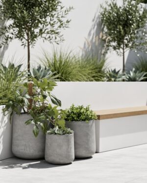 Three different sized Middle Round planters with mixed architectural plants