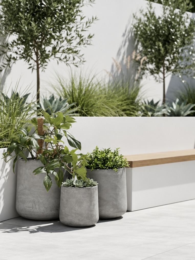 Three different sized Middle Round planters with mixed architectural plants