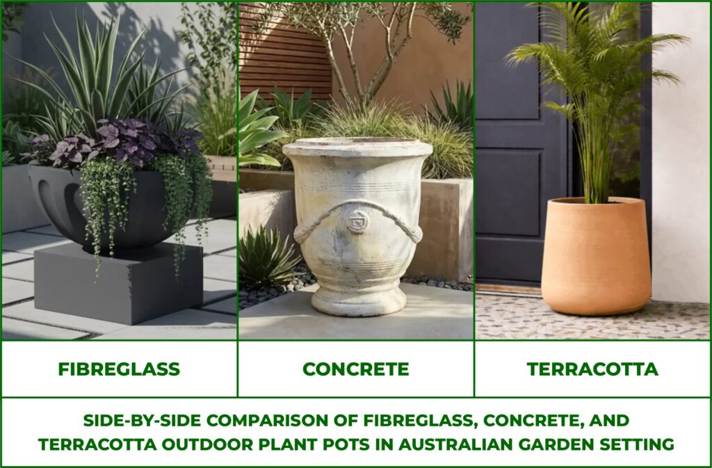 FIBREGLASS VS CONCRETE VS TERRACOTTA OUTDOOR PLANT POTS AUSTRALIA COMPARISON FIBREGLASS VS CONCRETE VS TERRACOTTA OUTDOOR PLANT POTS AUSTRALIA COMPARISON