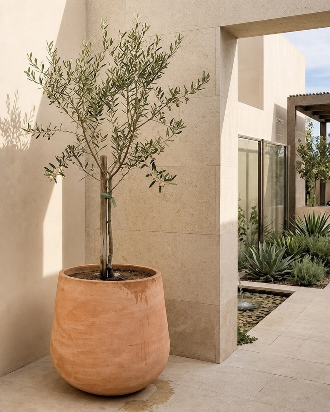 Terracotta Tall Round planter with an olive tree in a Mediterranean-style courtyard