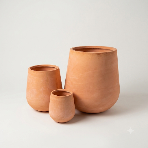 Three empty terracotta Tall Round pots arranged against a warm neutral wall