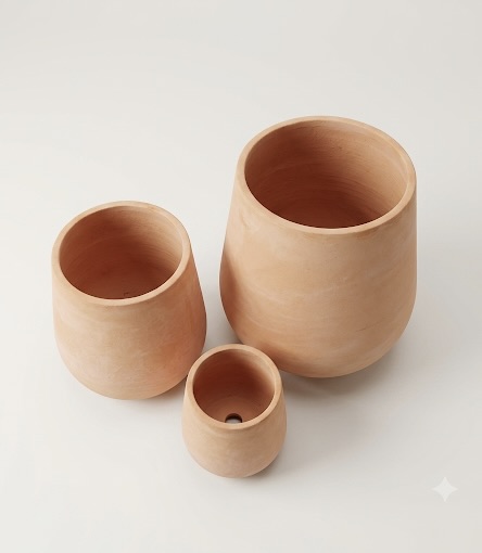 Three Terracotta Tall Round planters in graduated sizes
