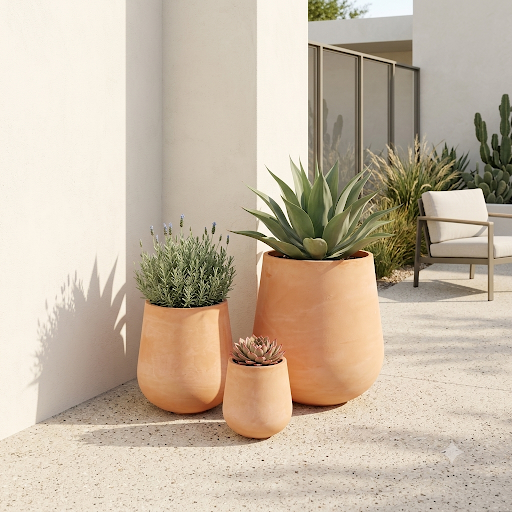 Terracotta Tall Round planters in three sizes with architectural plants in a modern outdoor setting